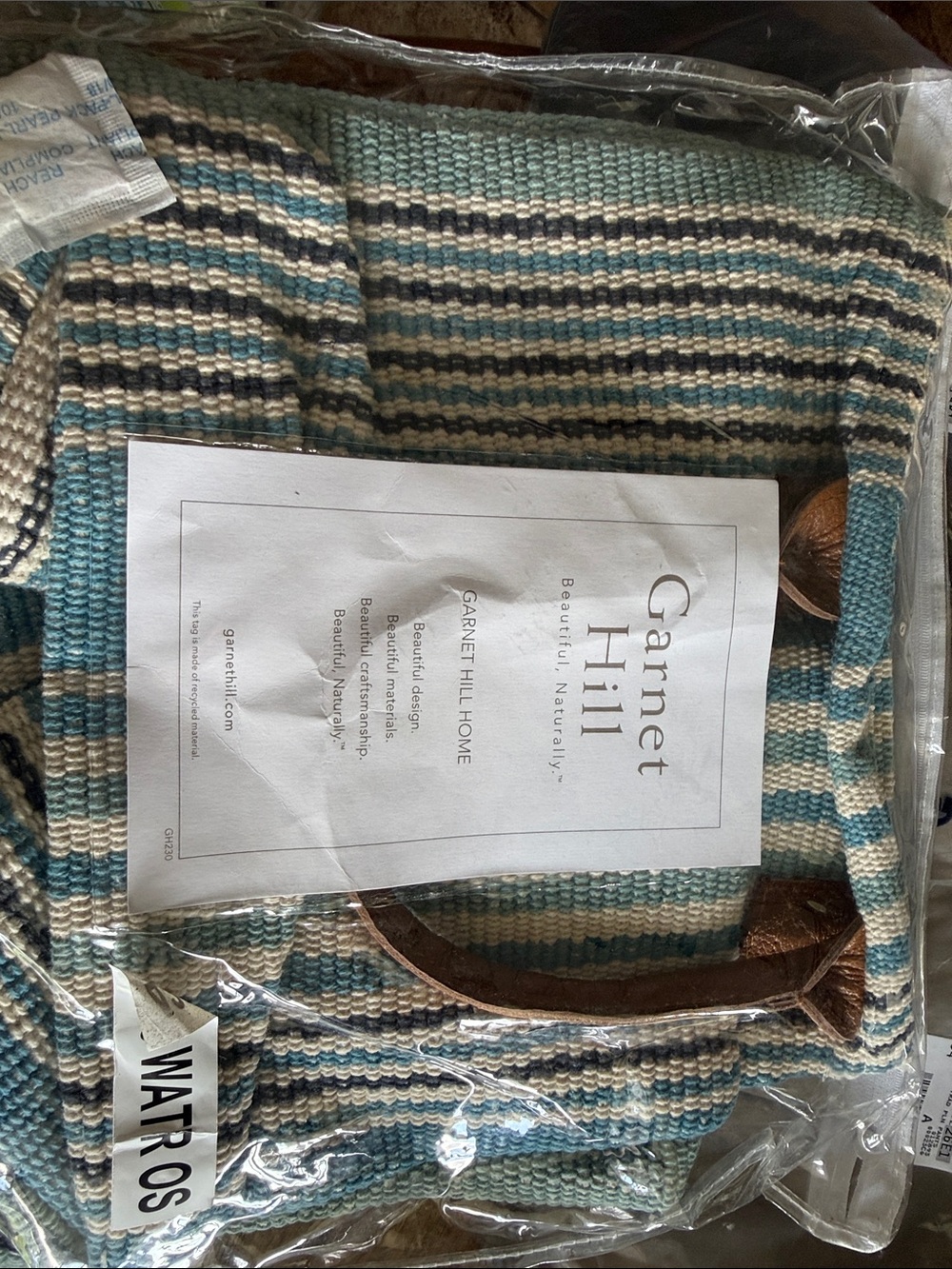 Garnet Hill Teal and Cream Striped Woven Tote with Brown Leather Handles